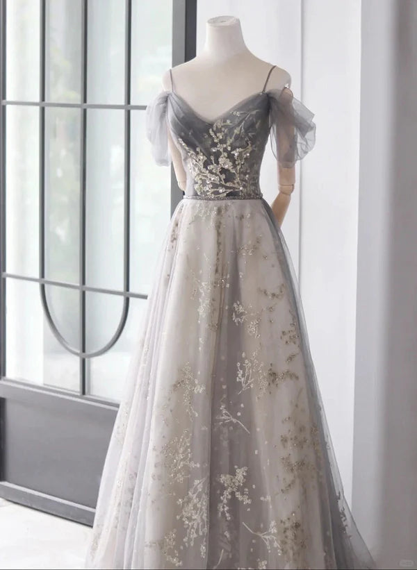 Friends and Family Sale Light Grey Tulle A-line Straps Long Prom Dresses Evening Dress