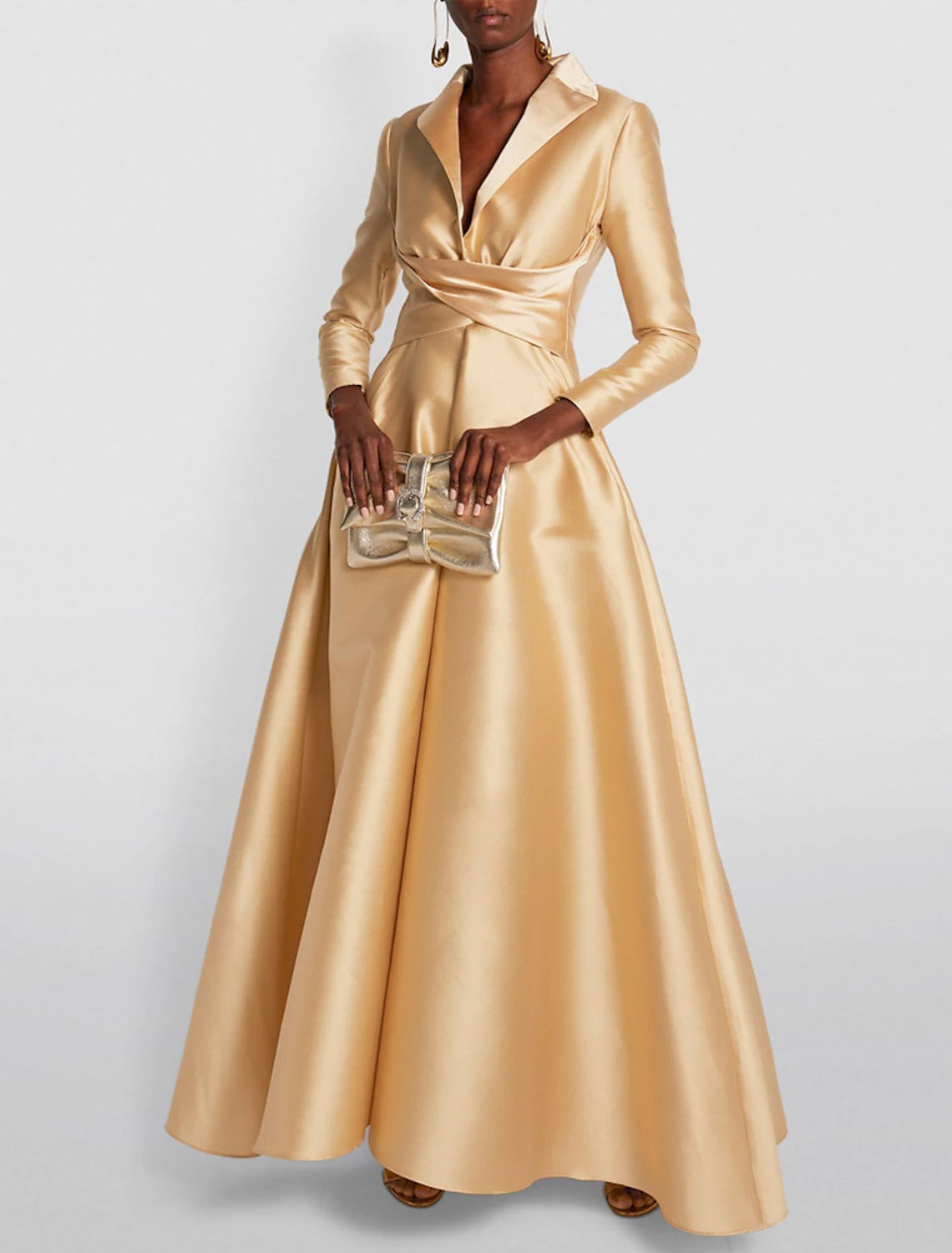 Sale Event A-Line Evening Gown Wedding Guest Floor Length Long Sleeve Shirt Collar Satin with Ruched