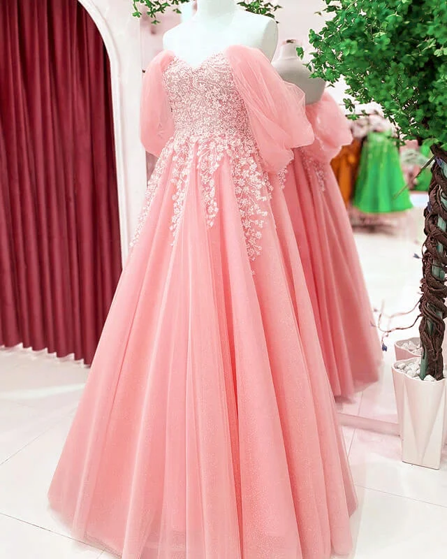 Super Bargain Blush Tulle A-line Off Shoulder Appliques Dress Floor-length Prom Dresses Super Bargain Blush Tulle A-line Off Shoulder Appliques Dress Floor-length Prom Dresses