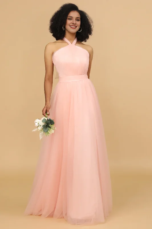 Overstock Powder blusher A-shaped neck and floor tulle bridesmaid dress
