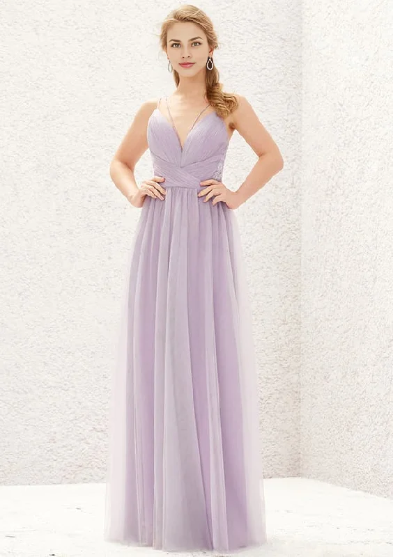 Deal of the Day A-line V Neck Sleeveless Floor-Length Tulle Lace Bridesmaid Dress With Pleated