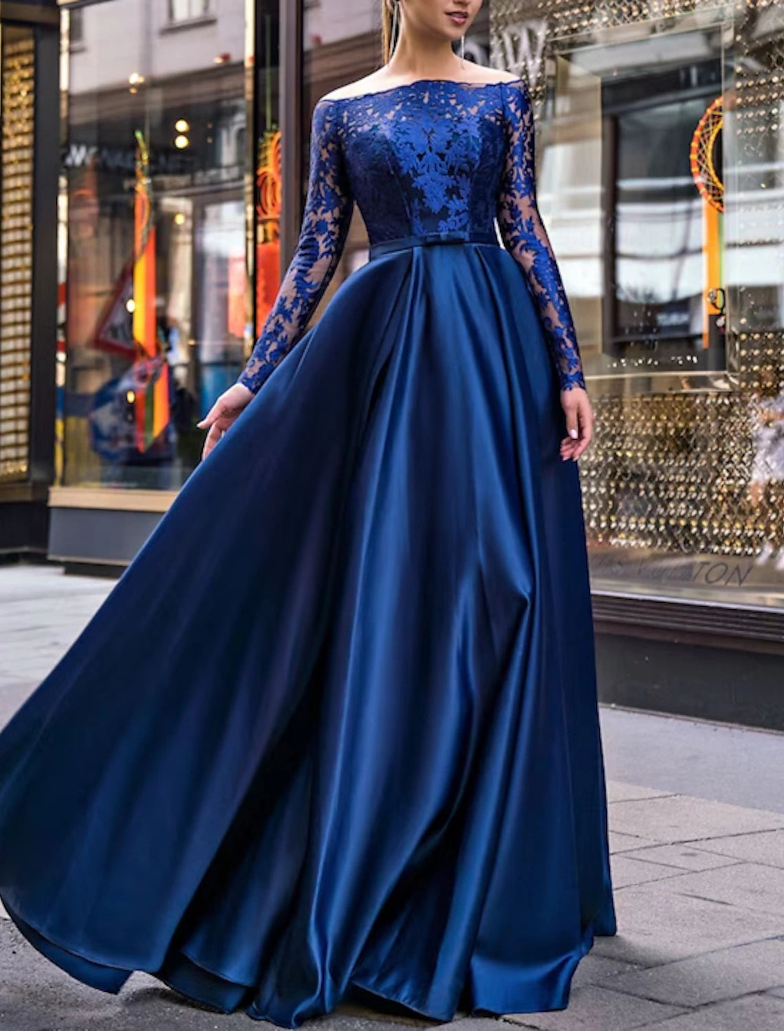 Extra Savings A-Line Evening Gown Wedding Guest Floor Length Long Sleeve Off Shoulder Belt / Sash Satin with Appliques
