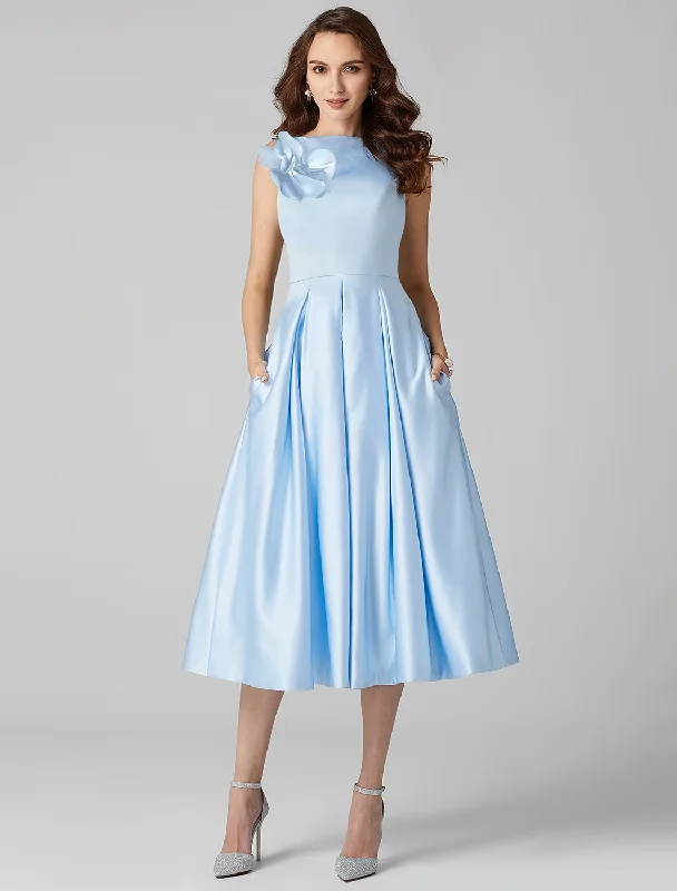Grand Opening Sale A-Line Cocktail Dresses Party Dress Formal Tea Length Sleeveless Jewel Neck Pocket Satin with Pleats Shouder Flower Grand Opening Sale A-Line Cocktail Dresses Party Dress Formal Tea Length Sleeveless Jewel Neck Pocket Satin with Pleats Shouder Flower