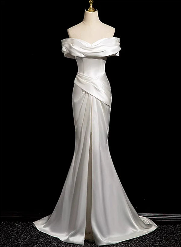 Quick Sale White Mermaid Satin Off Shoulder Ruched Long Party Dress Wedding Party Dress