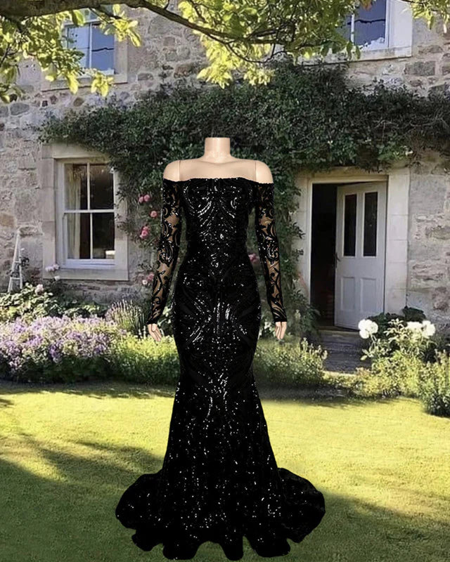 Members Only Long Sleeve Mermaid Sequin Prom Dresses Evening Dresses with Sweep Train