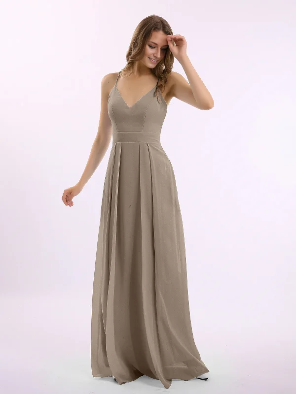 Value Deals Spaghetti Strap V-neck Chiffon Gowns with Pocket-Taupe Long Bridesmaid Dresses
