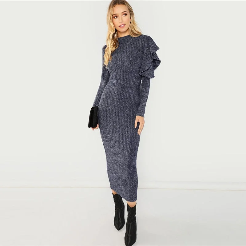 Instant Discount Women's Long Sleeve Ruffle Bodycon Maxi Dress