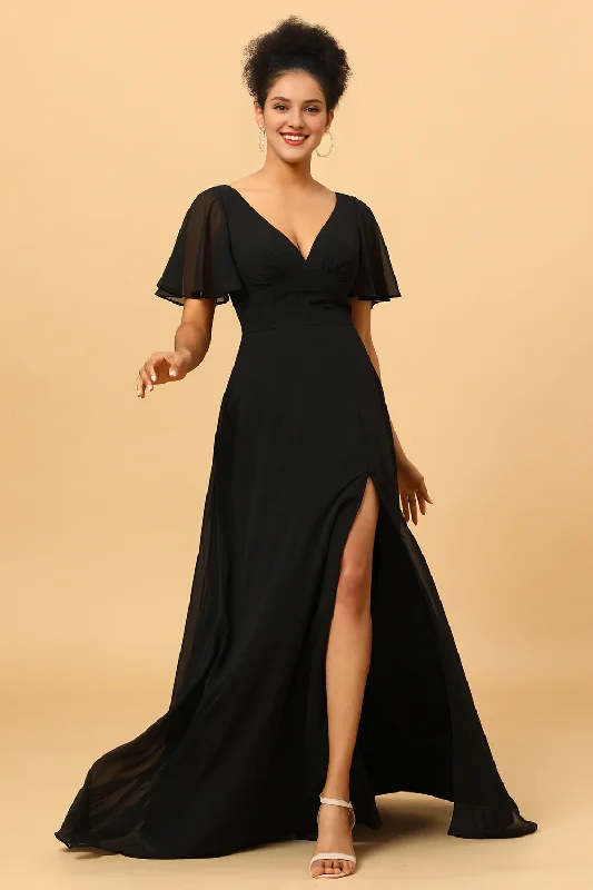 Discount Deals Black A-line V-neck slit chiffon and floor length bridesmaid dress