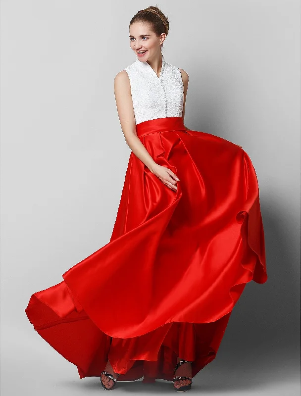 Value Deals A-Line Elegant & Luxurious Color Block Formal Evening Black Tie Gala Dress High Neck Sleeveless Floor Length Lace with Pleats