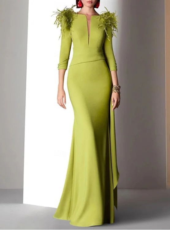 Online Only Mermaid / Trumpet Evening Gown Formal Fall Floor Length 3/4 Length Sleeve V Neck Satin with Feather Ruched Ruffles