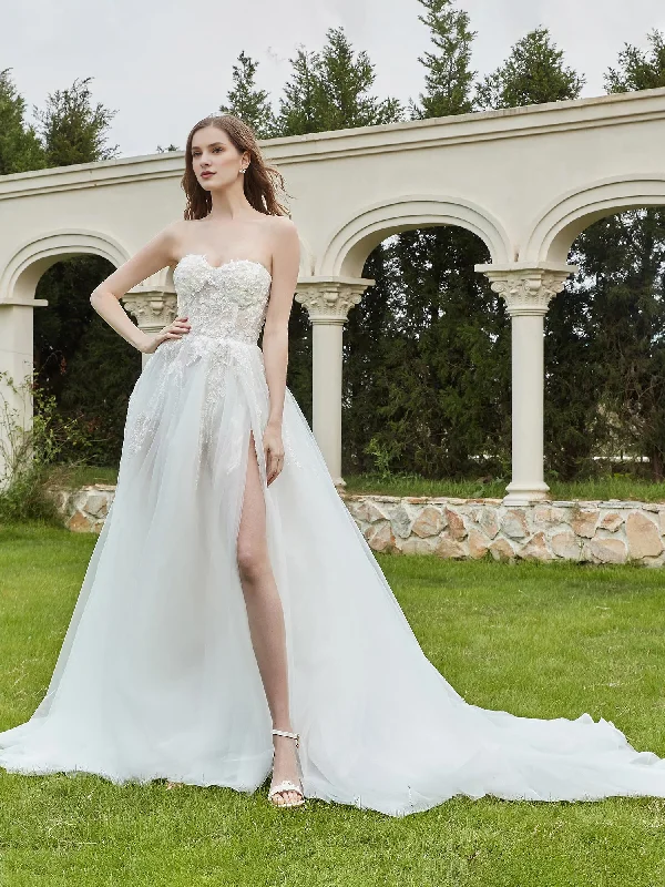 Exclusive Online Offer Sheer lace slit sleeveless wedding dress