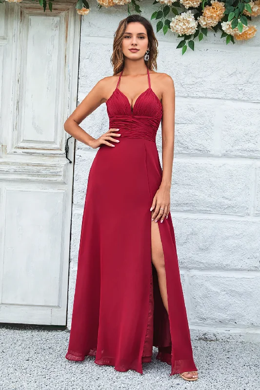 Super Sale Wine red A-line neck hanging chiffon long slit bridesmaid dress