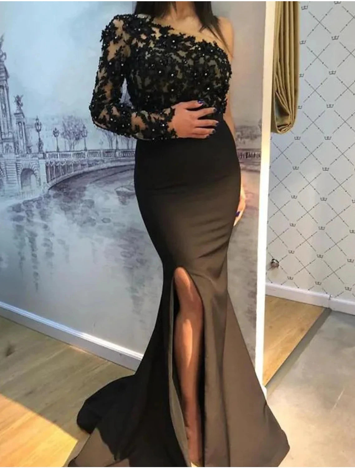 Today’s Deal A-Line Mermaid / Trumpet Prom Dresses Glittering Dress Wedding Guest Prom Sweep / Brush Train Sleeveless One Shoulder Stretch Fabric with Beading Slit Appliques