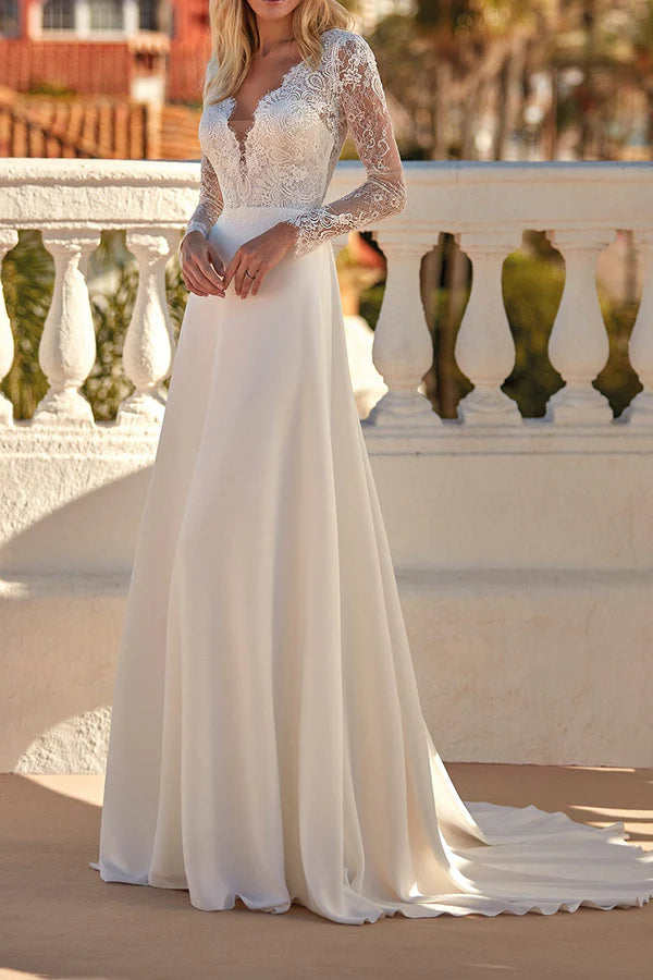 Super Savings A-shaped V-neck long sleeved lace wedding dress