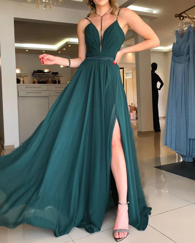 Limited Time Discount Plunge Neck Open Back Chiffon Split Dresses Prom Dresses With Lace Up Back Limited Time Discount Plunge Neck Open Back Chiffon Split Dresses Prom Dresses With Lace Up Back
