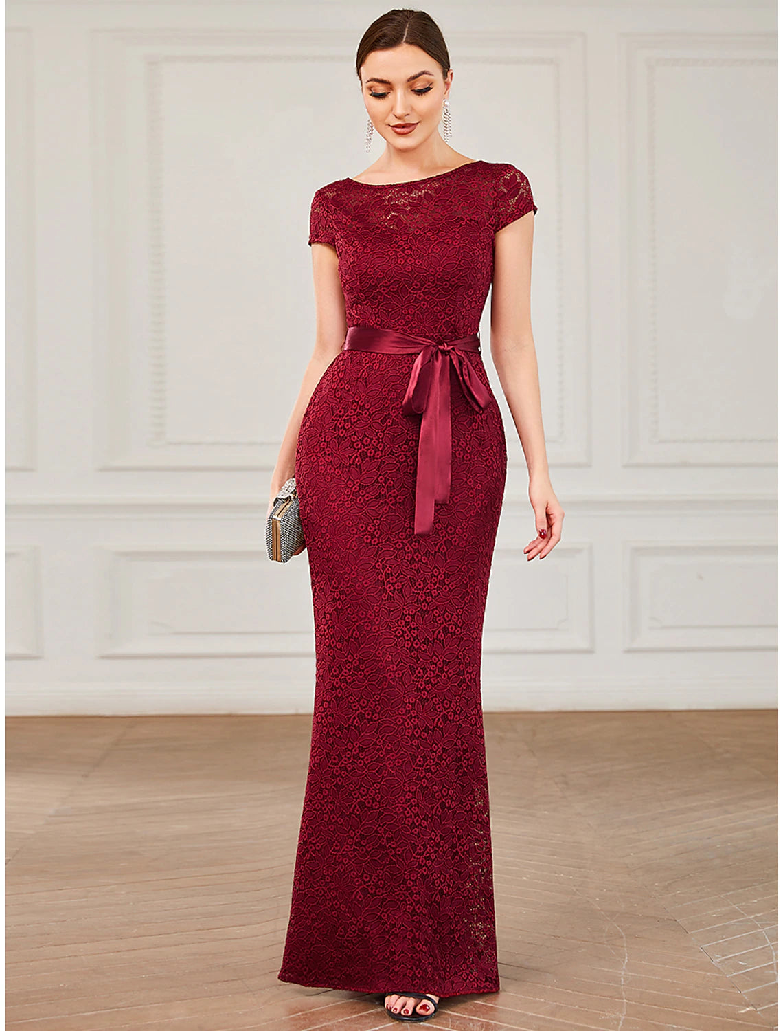 Daily Deals Mermaid / Trumpet Evening Gown Vintage Dress Formal Wedding Guest Floor Length Short Sleeve Jewel Neck Bridesmaid Dress Lace V Back with Strappy