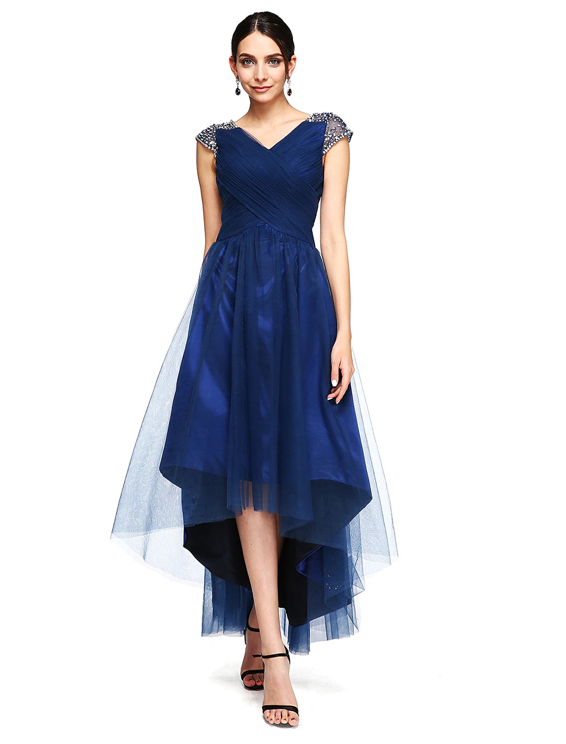 Factory Direct Sale A-Line Special Occasion Dresses Open Back Dress Wedding Guest Asymmetrical Short Sleeve V Neck Tulle with Criss Cross Beading Factory Direct Sale A-Line Special Occasion Dresses Open Back Dress Wedding Guest Asymmetrical Short Sleeve V Neck Tulle with Criss Cross Beading