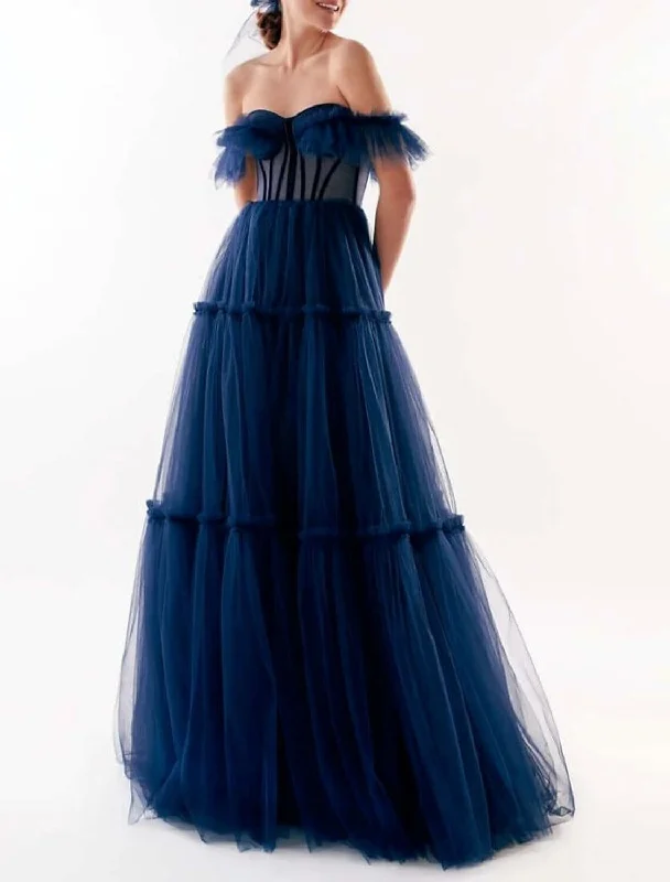 Price Drop Alert A-Line Prom Dresses Elegant Dress Wedding Guest Prom Floor Length Short Sleeve Off Shoulder Tulle with Pleats Ruffles