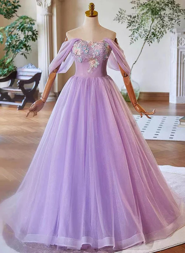 Best Deals A-Line Princess Tulle Light Purple Sweethart Lace Applique Party Dress Prom Dress