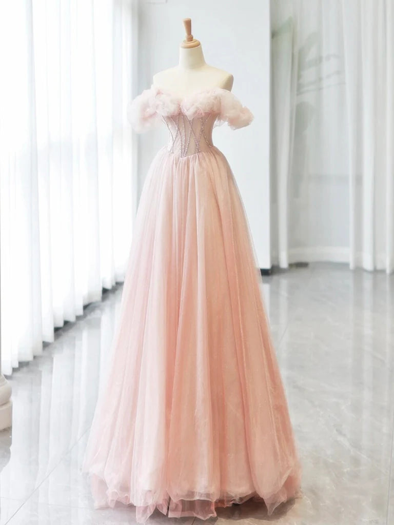 Super Bargain A-Line Princess Sweetheart Neck Off Shoulder Tulle Pink Long Prom Dress