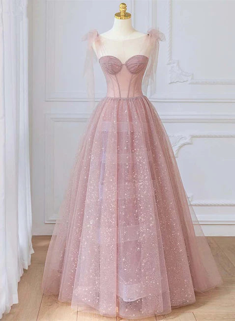 Buy Now Pink Tulle Round Neckline A-line Party Dress Floor Length Prom Dresses