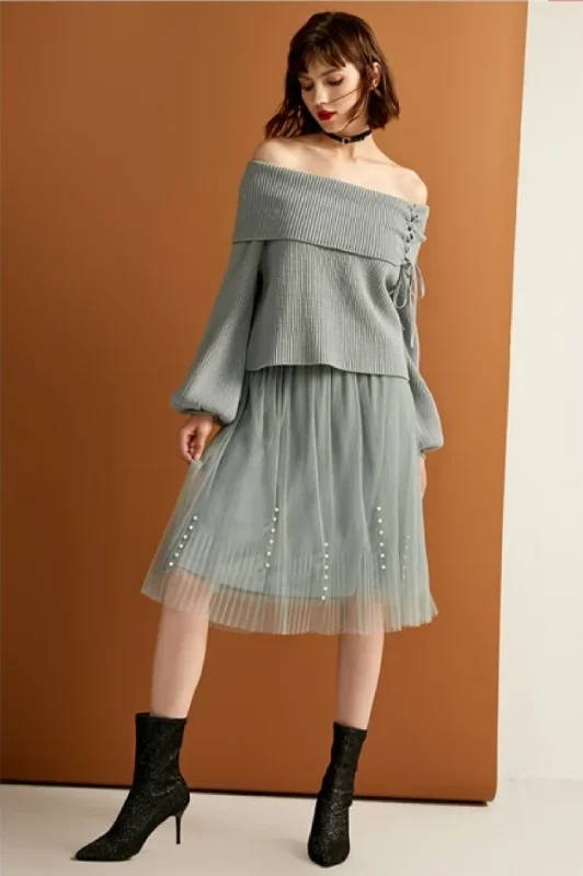 Price Cut Women's Off Shoulder Two Piece Dress With Pearl