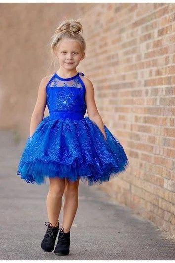 Today’s Special Newest Royal Blue Lace Appliques Flower Girl Dress Halter Puffy Mini