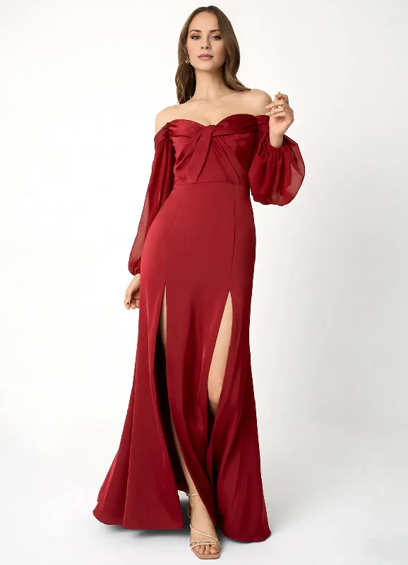 Deal Dash Off shoulder collar transparent bubble sleeves side slits and floor length evening gowns Deal Dash Off shoulder collar transparent bubble sleeves side slits and floor length evening gowns