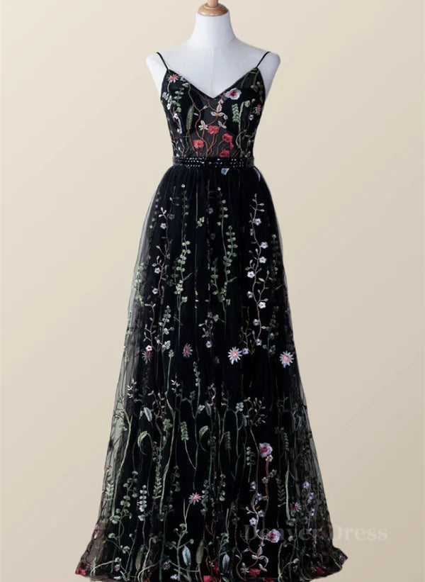 Seasonal Sale Black Floral Tulle A-line V-neckline Long Prom Dress Evening Dress Party Dress