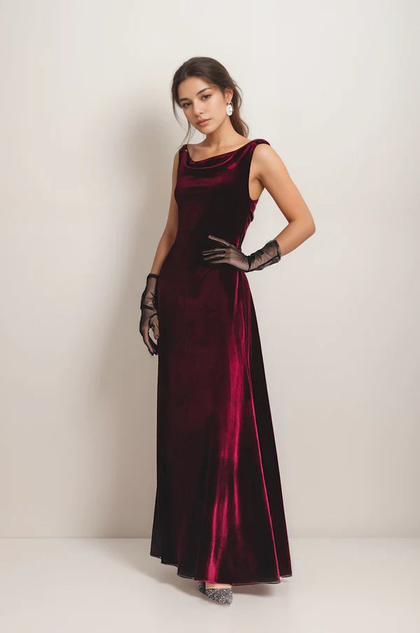 Deal Explosion Elegant Back Design draped neck Hepburn Style long Velvet Dress