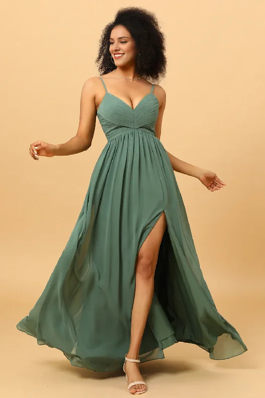 Special Price Eucalyptus A-line fine shoulder strap pleated long slit chiffon bridesmaid dress
