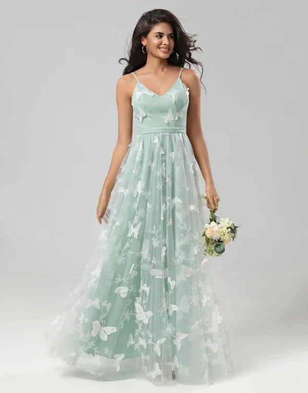 Bargain Prices A Line Straps Matcha Long Bridesmaid Dress with Appliques