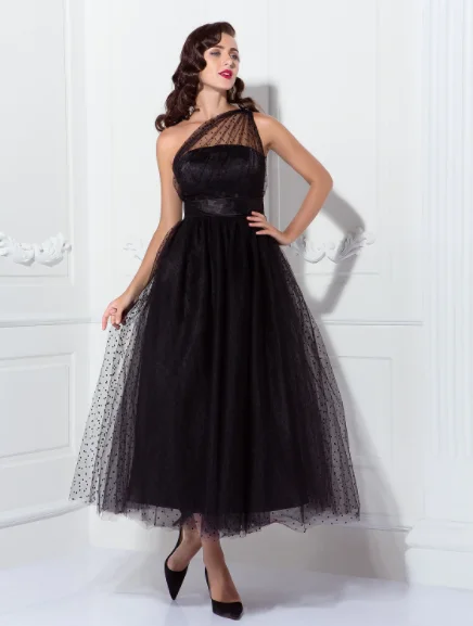 Price Reduction A-Line Prom Cocktail Dresses Vintage Dress Wedding Guest Sleeveless One Shoulder Tulle with Pleats Pattern Print