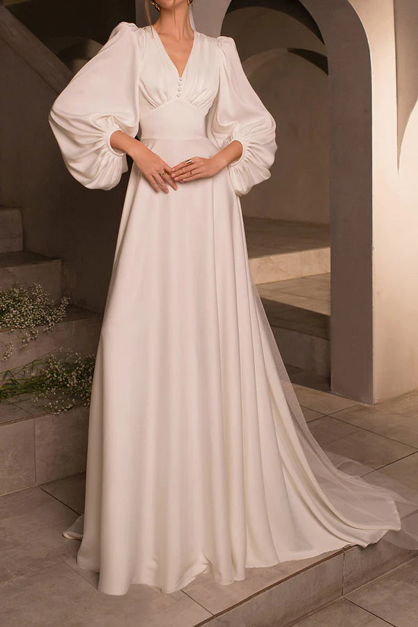 Extra Discounts A-neck V-neck long sleeved satin minimalist drag on wedding dress