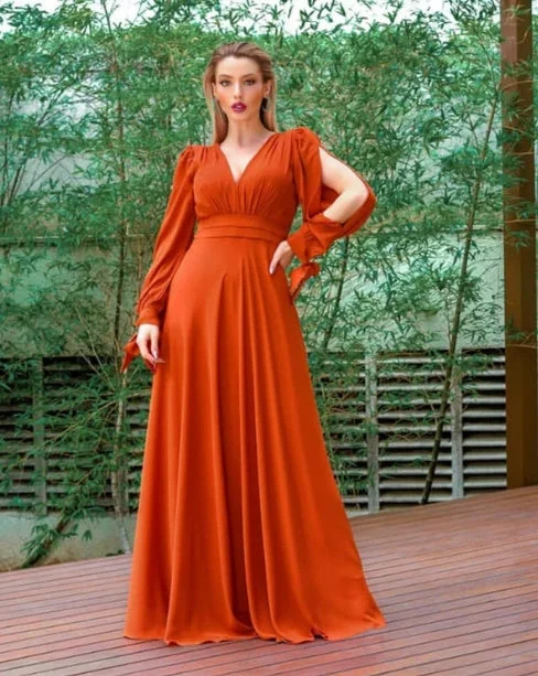 Price Drop A-Line V-Neck Burnt Orange Bridesmaid Dresses Cold Sleeves Floor-length Dress Price Drop A-Line V-Neck Burnt Orange Bridesmaid Dresses Cold Sleeves Floor-length Dress