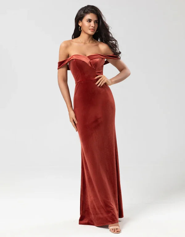 Huge Discounts Bridesmaid Dress Mermaid Off the Shoulder Terracotta Velvet