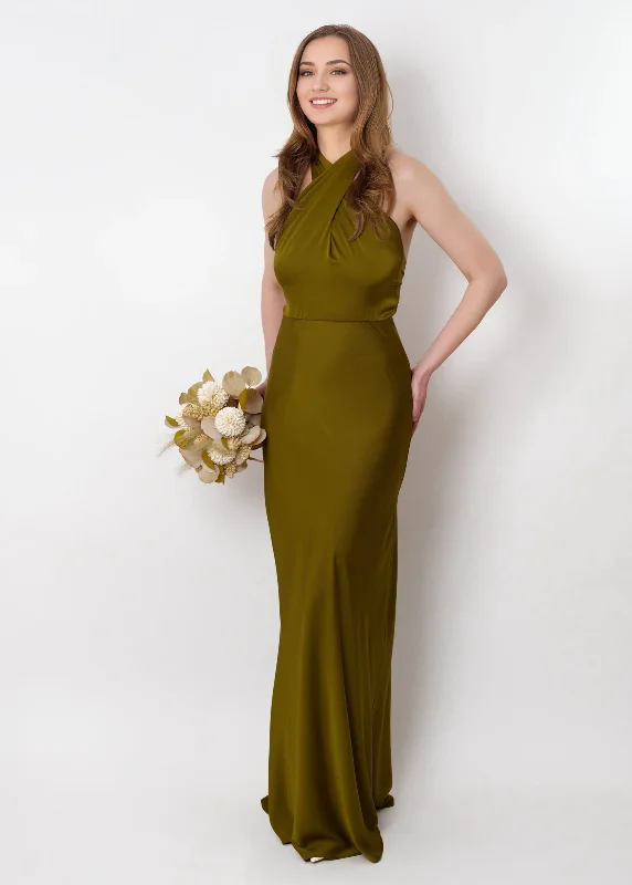 Stock Up and Save Olive Silk Long Halter Open Back  Bridesmaid Dress Wedding Guest Dress Evening Dress