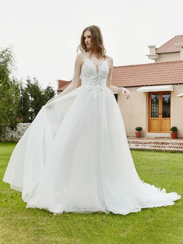 Grand Opening Sale Thin shoulder strap deep V-neck lace tight corset wedding dress