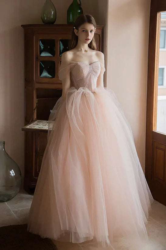 Huge Discounts A-Line Princess Pink Tulle Off Shoulder Beaded Long Party Dress Tulle Prom Dress