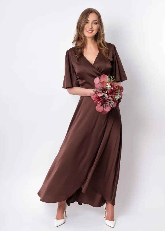 Amazing Deals Choсolate Brown V-Neck Silk Dress Wrap Dress Bridesmaid Dress Wedding Guest Dress