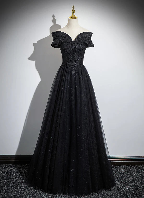 New Deals Glitter Black Off Shoulder A-line Tulle With Lace Party Dress Long Prom Dress