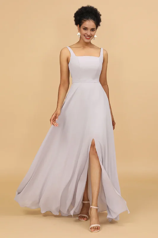 Great Deals Grey tight square neck long chiffon bridesmaid dress