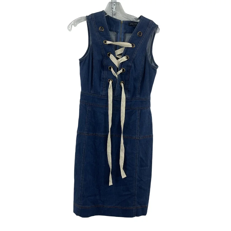 Midnight Sale Et Cetera Blue & Cream Corset Lace Denim Women Midi Sheath Dress Size 2 Preowned Midnight Sale Et Cetera Blue & Cream Corset Lace Denim Women Midi Sheath Dress Size 2 Preowned