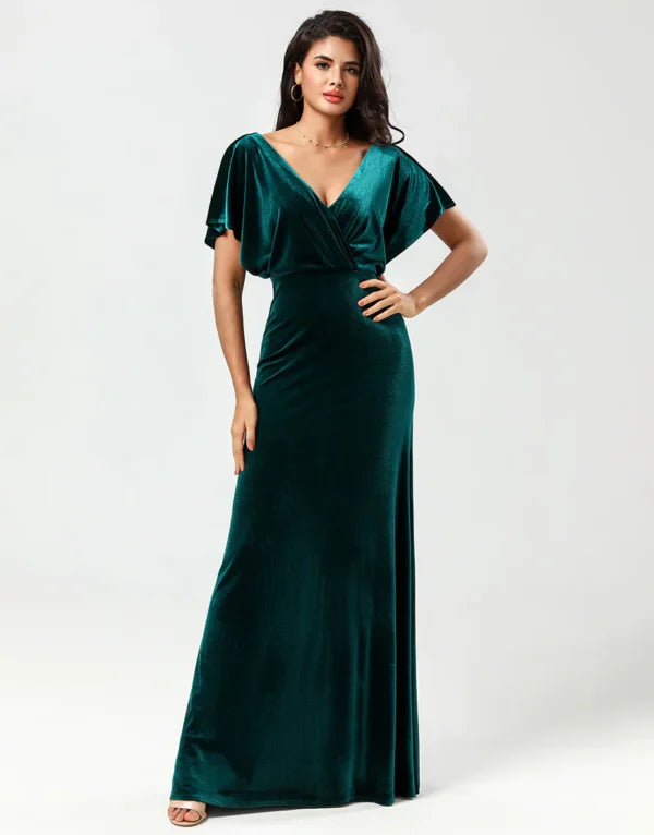 Buy More, Save More A Line V-Neck Peacock Velvet with Ruffles Bridesmaid Dress