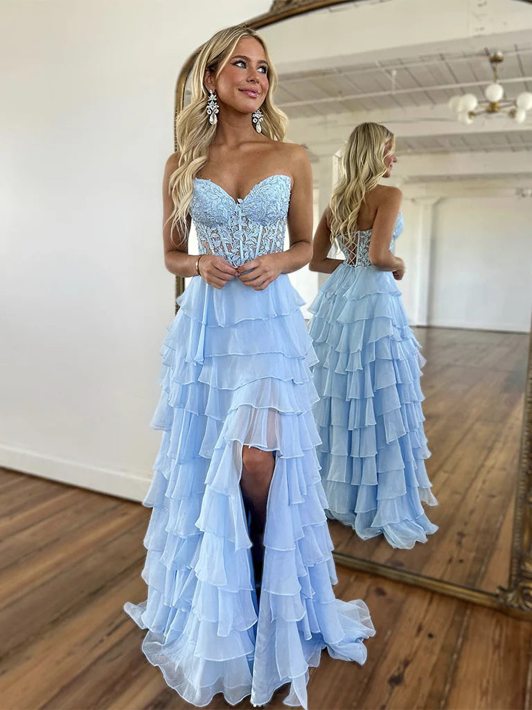 Final Clearance A-Line Sweetheart Neck Lace Chiffon Blue Long Prom Dress