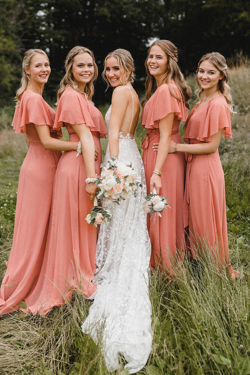 Great Deals Simple A-Line Coral Chiffon Long Bridesmaid Dresses
