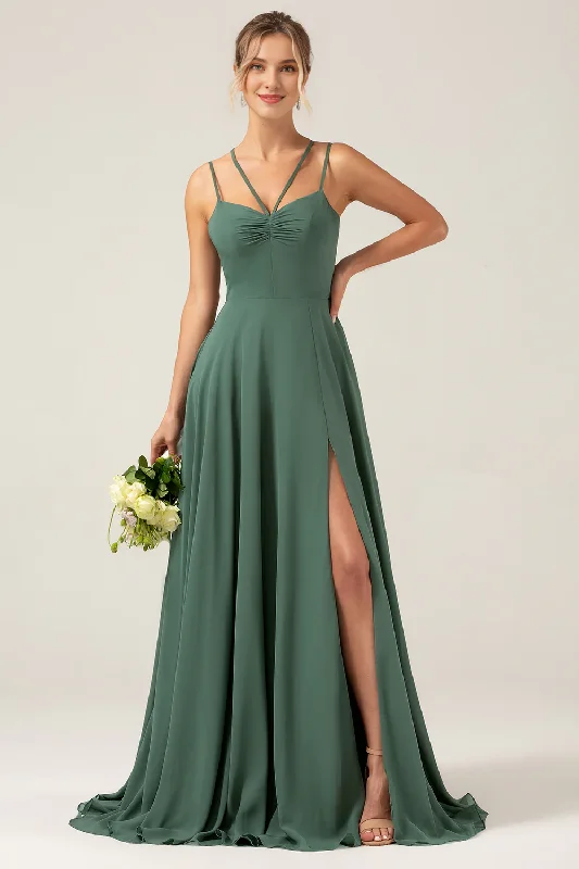 New Deals A-line slim shoulder strap slit chiffon eucalyptus bridesmaid dress