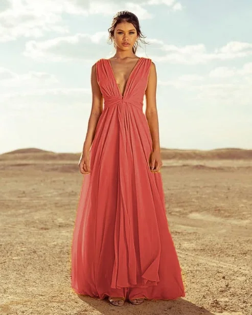 Sale Event A-Line  Long Plunging Neckline Chiffon Bridesmaid Dresses