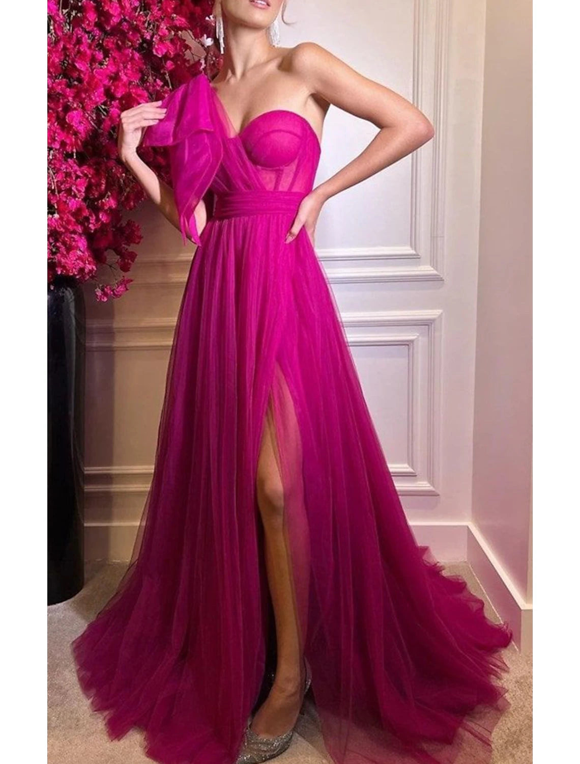 Super Bargain A-Line Prom Dresses Sexy Dress Wedding Party Birthday Court Train Sleeveless One Shoulder Tulle with Bow(s) Slit Super Bargain A-Line Prom Dresses Sexy Dress Wedding Party Birthday Court Train Sleeveless One Shoulder Tulle with Bow(s) Slit