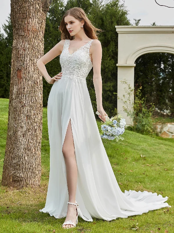 YEAR-End Clearance Lace V-neck slit chiffon wedding dress